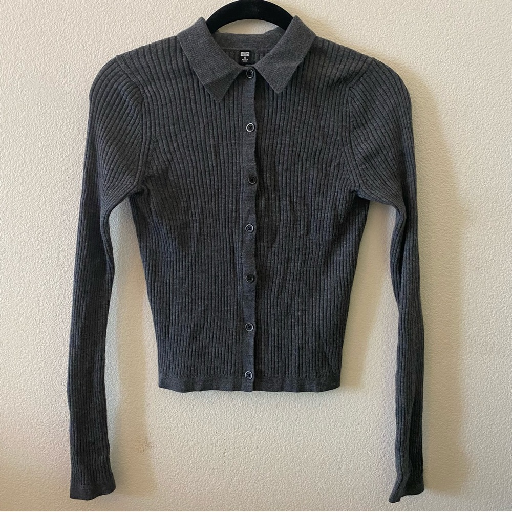 UNIQLO Women’s 100% Merino Wool Ribbed Polo Cardigan in Gray - XS